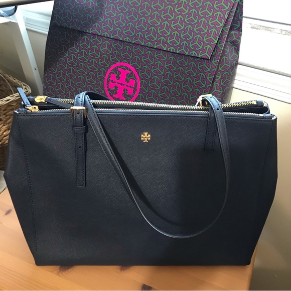 🥰 Tory Burch EMERSON LARGE DOUBLE ZIP TOTE Navy - Picture 8 of 14